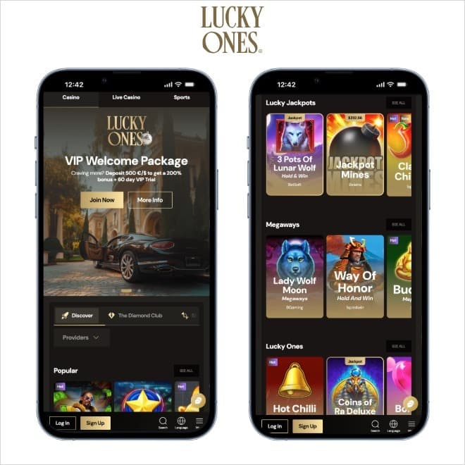 Lucky Ones screenshots on mobiles on a white background